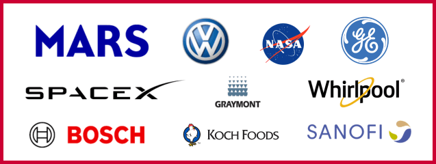 Trusted by Leading Brands: Logos of notable companies we've worked with, including NASA, Volkswagen, Mars, GE, Bosch, SpaceX, Whirlpool, Sanofi, Koch Foods, and Graymont