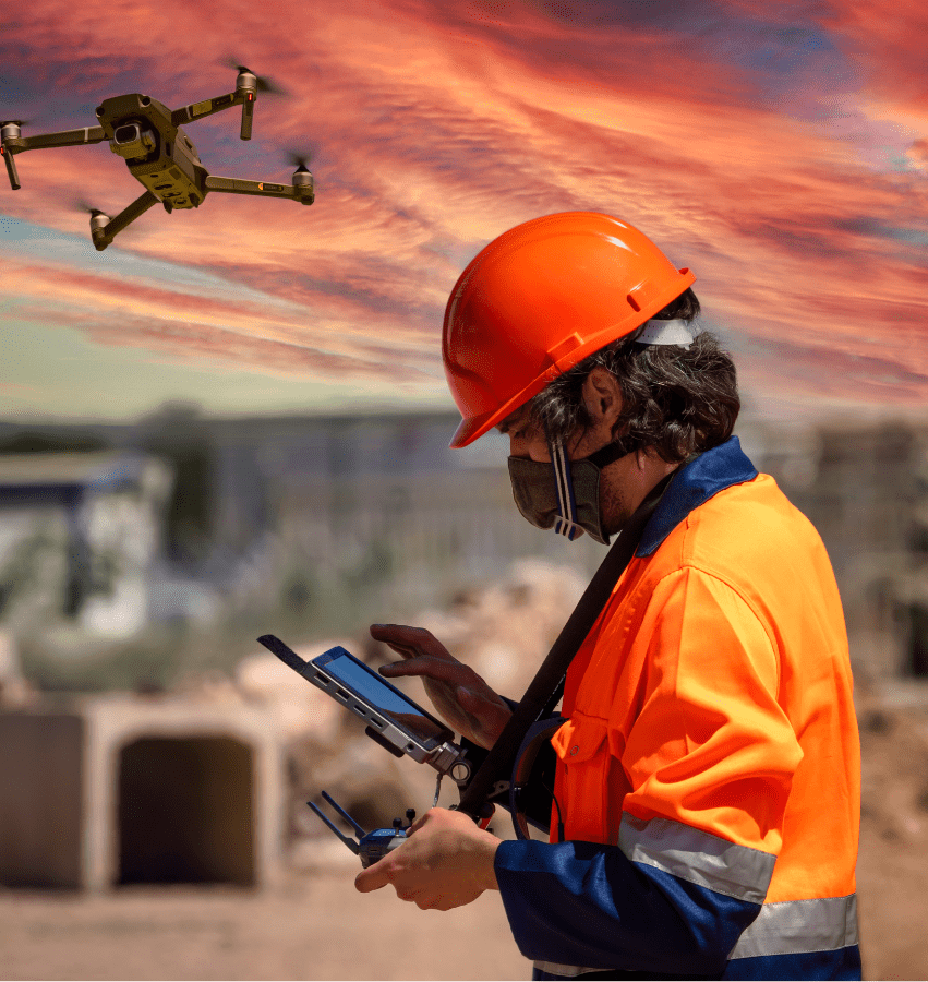 Engineer operating Autonomous UAV Mapping system with LiDAR drone for data capture in industrial site