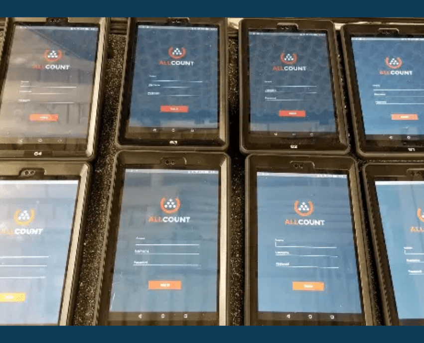 AllCount tablet-based inventory management system showing multiple devices ready for use in real-time auditing and error-free inventory tracking.