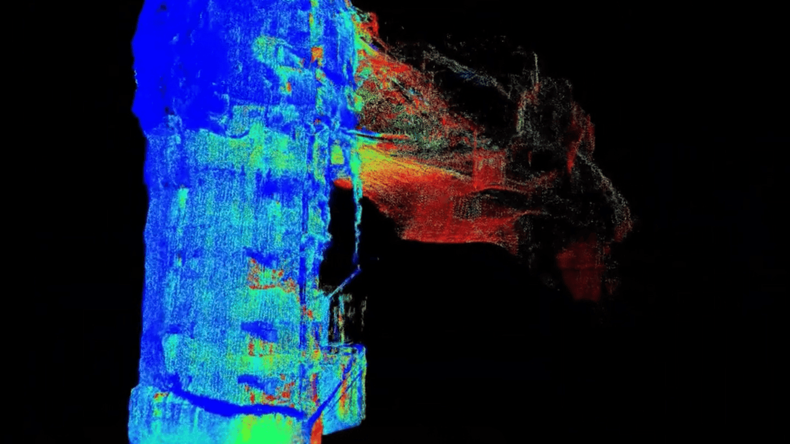 LiDAR mine shaft scan showing underground mapping data used for industrial measurement, site mapping, and infrastructure analysis.