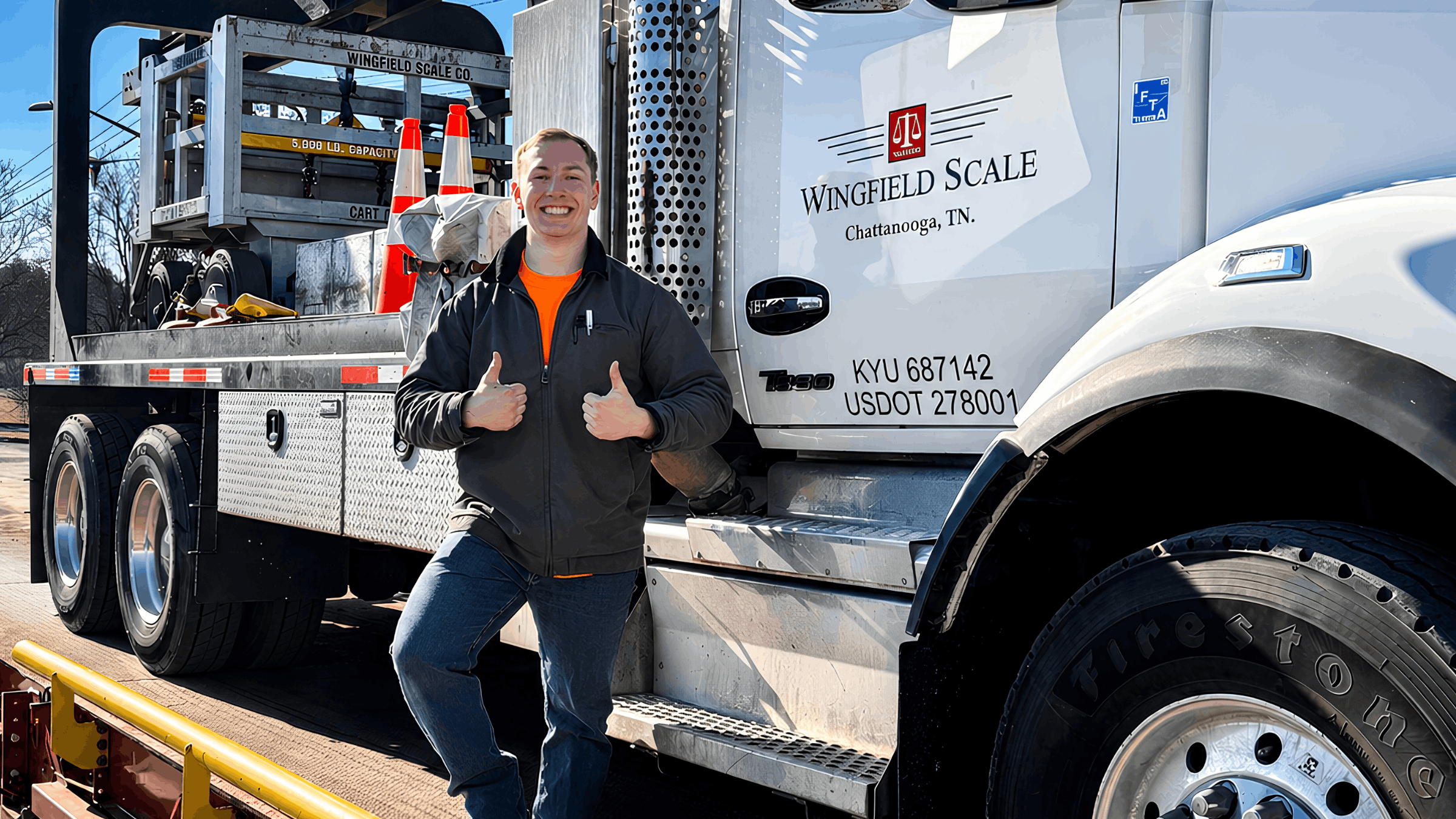 Wingfield Scale certified technician beside a company service truck loaded with scale calibration equipment in Chattanooga, TN