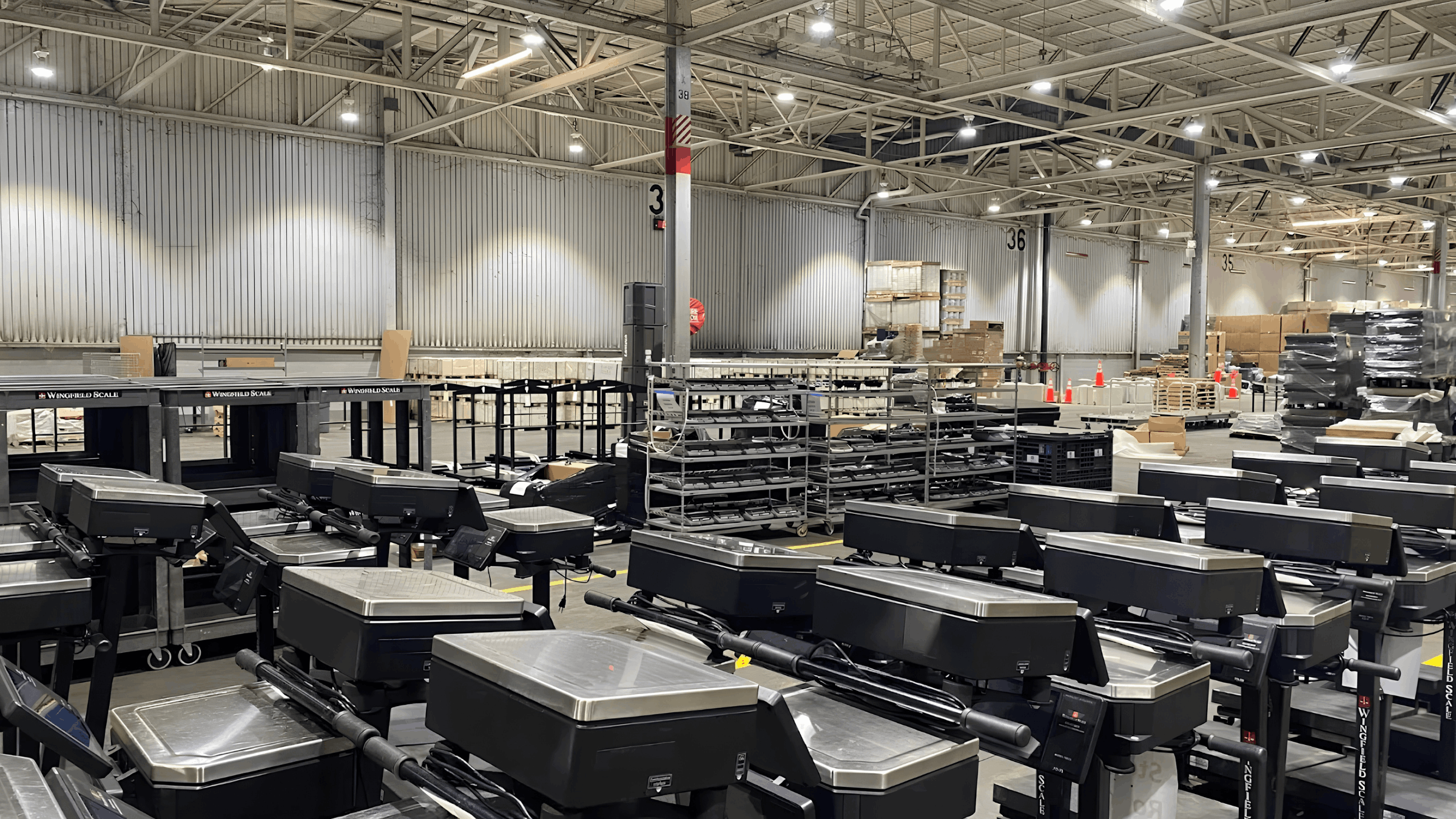 Wingfield Scale rental fleet warehouse showing hundreds of scales available for rent