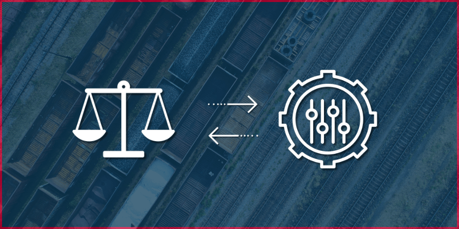 Graphic illustrating the customization process of railcar weight scales, showing balance scales symbolizing accuracy and a settings icon for customization, overlaid on a background of railcars