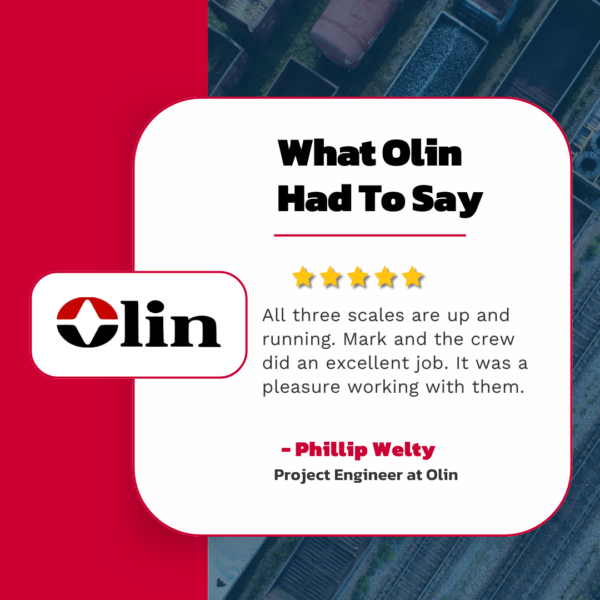 Testimonial from Phillip Welty, Project Engineer at Olin, praising Wingfield Scale for successfully installing and running three custom scales with excellent service, highlighted with a 5-star rating.