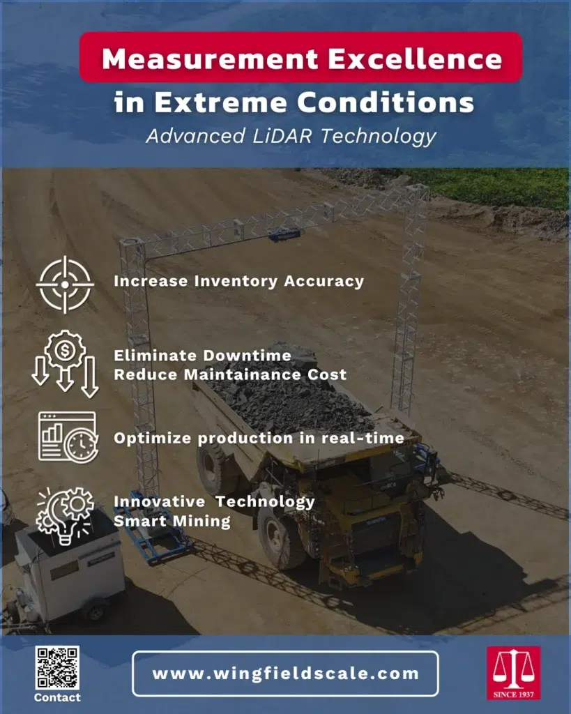 Aerial view of Wingfield Scale's advanced LiDAR truck load scanner accurately measuring mining haul truck volumes in real-time, helping reduce underloading, improve inventory accuracy, and optimize mining productivity and cost efficiency.
