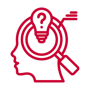 Custom analysis icon showing a magnifying glass and lightbulb over a head, symbolizing operational insight