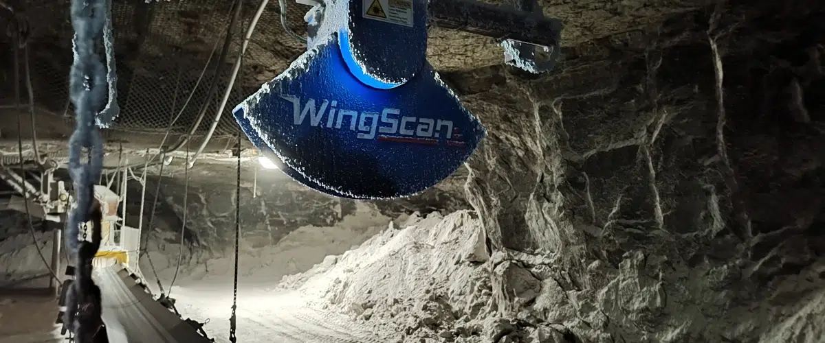 wingscan belt lidar system, caked with salt, operating in an underground salt mine