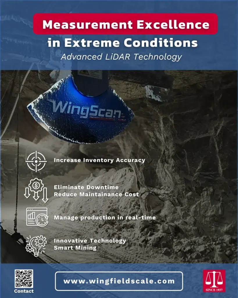 The WingScan LiDAR conveyor scanner enhances mining efficiency by providing real-time volumetric measurement, reducing downtime, and optimizing production