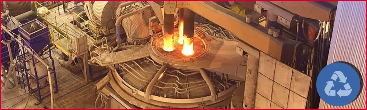 Overhead view of a steel electric-arc furnace (EAF) processing recycled inputs—an enabling route toward low-carbon cement.