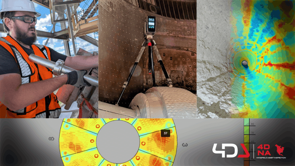 4DNA asset inspection technician, industrial scanning equipment, refractory interior scan, and diagnostic wear visualization for asset intelligence analysis